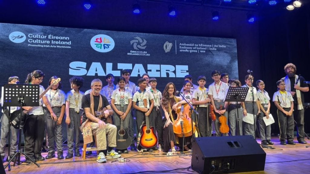 Saltaire performs with students of Newtown School in Kolkata. Special Arrangement