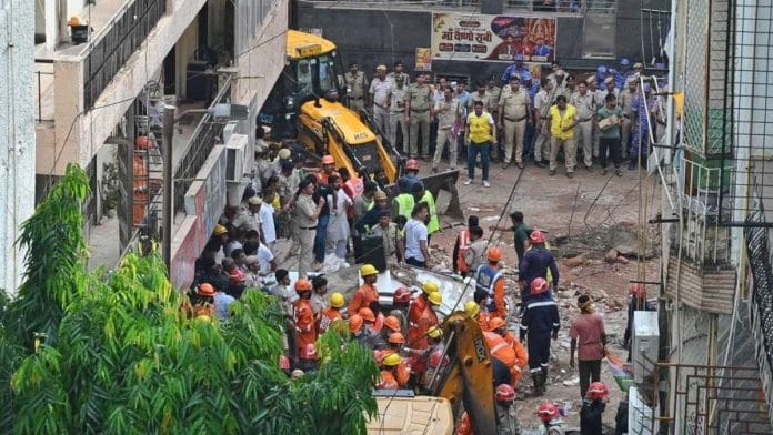 Rescue operations underway at site of building collapse in Satya Niketan in New Delhi, on 6 September, 2026 | ThePrint