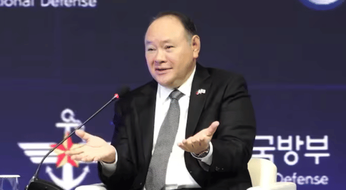 Philippines Defence Secretary Gilberto C Teodoro speaking at the Seoul Defence Forum in South Korea on Tuesday. (Photo: X/@dndphl)