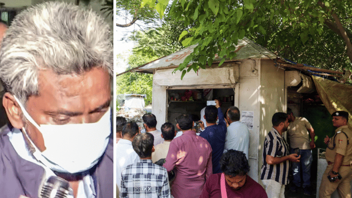 File photo of Surendra Koli; (right) people gather as police inspect Koli's tea stall in Haridwar where he was found dead | ANI