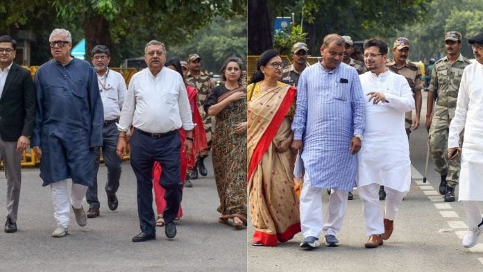TMC MPs Kalyan Banerjee, Derek O'Brien and others (L); West Bengal LoP Ritabrata Banerjee and rebel MLAs (R) after a meeting with Election Commission officials in New Delhi on 17 September, 2026 | Neeraj/ANI