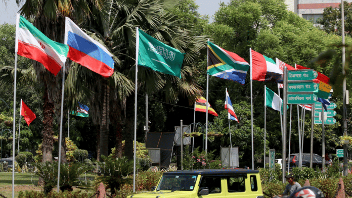 A view of the national flags of countries participating in the 18th BRICS Summit hoisted at Mandi House in New Delhi on Thursday. | ANI