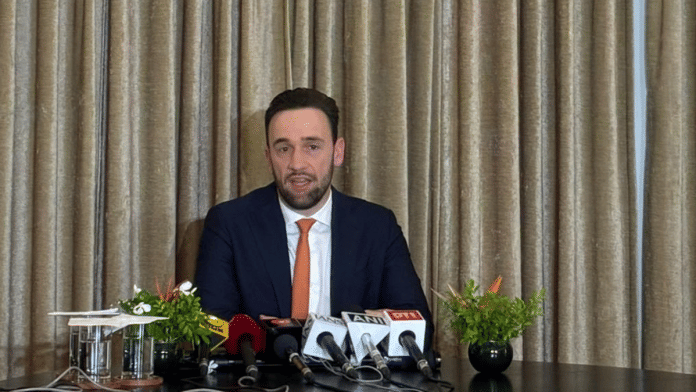 The Netherlands minister Silvio Erkens speaking to the media in New Delhi on Monday. | Keshav Padmanabhan/ThePrint