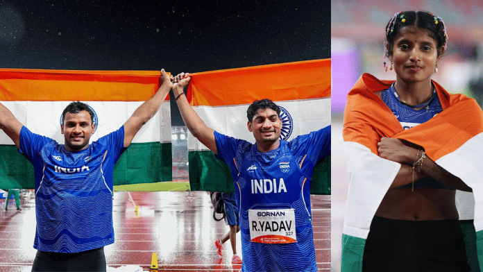 India's Yashvir Singh and Rohit Yadav won silver and bronze medal in javelin throw (left). Ancy Sojan (right) celebrates after winning a silver medal in the Women’s long jump. | ANI