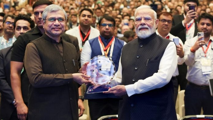 Prime Minister Narendra Modi with Union Minister Ashwini Vaishnaw during the inauguration of Semicon India 2026, at Yashobhoomi, in New Delhi | PTI