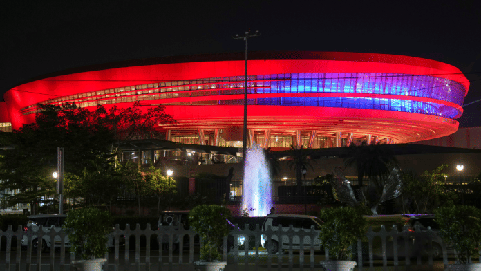 Bharat Mandapam illuminated with decorative lights as part of preparations ahead of the BRICS Summit, in New Delhi | PTI