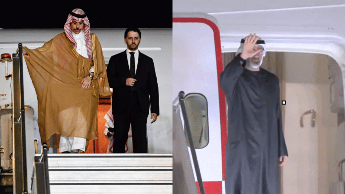 Saudi Foreign Affairs Minister Prince Faisal bin Farhan Al Saud (L) landed in Delhi Saturday night for BRICS Summt, hours after Abu Dhabi Crown Prince Sheikh Khaled bin Mohamed bin Zayed Al Nahyan departed. | ANI