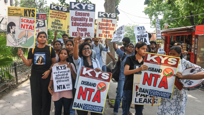 Protesters demanding the dismissal of NTA authorities at Shastri Bhawan, in New Delhi | ANI