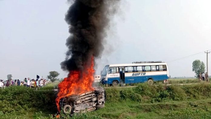 A vehicle set ablaze after the violence in Lakhimpur Kheri on 3 October 2021, in which 8 people were killed | ANI file