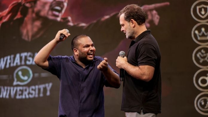 Leader of Opposition in the Lok Sabha Rahul Gandhi with comedian Pulkit Mani during the 'Chhatron ki Goonj' event, in Indore, Madhya Pradesh | PTI