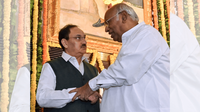 Congress president Mallikarjun Kharge (right) has reminded Union Minister JP Nadda (left) of the assurance he gave in the Rajya Sabha that action would be taken against those responsible in the episode | ANI File