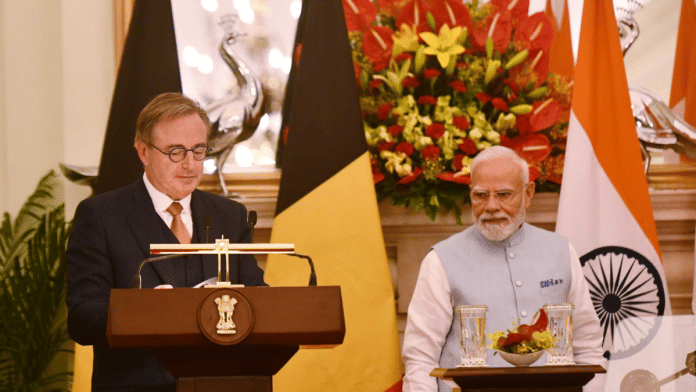 Belgium Prime Minister Bart De Wever and Indian PM Narendra Modi during a joint press statement at Hyderabad House in New Delhi on Thursday | ThePrint