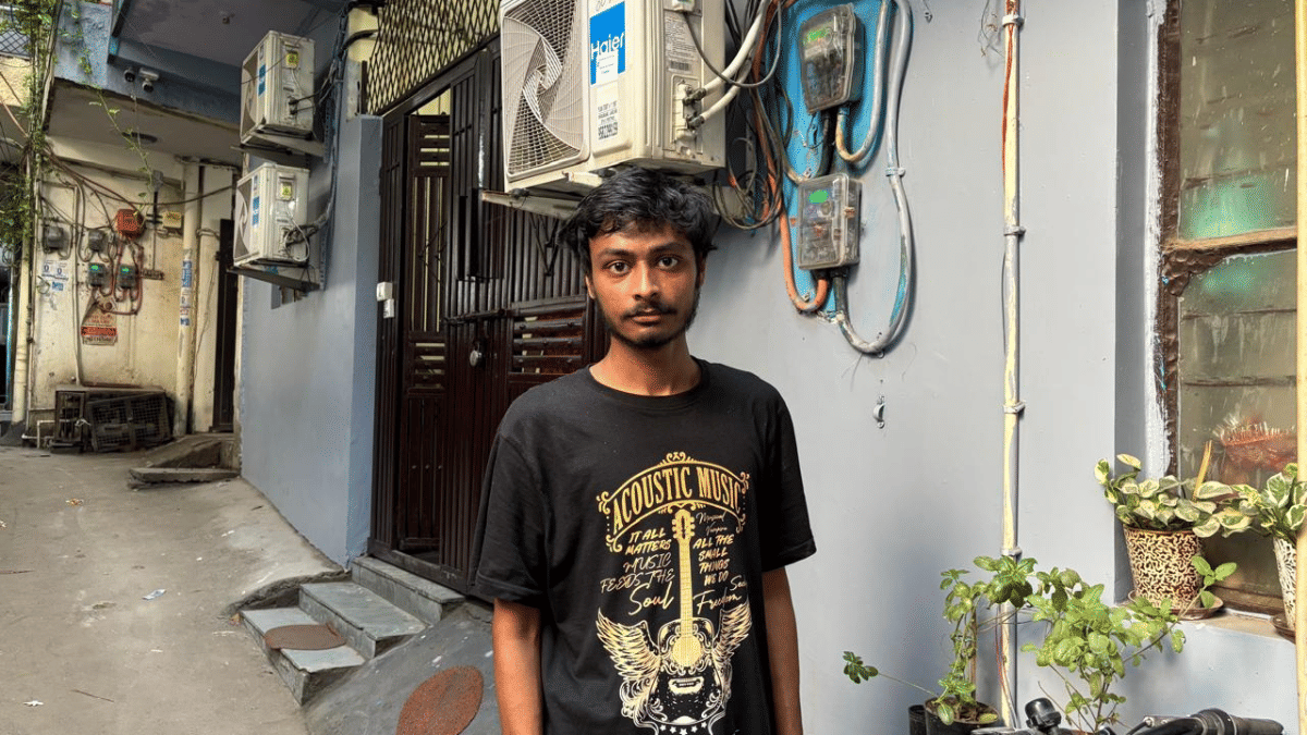 DU student Rishabh Sauravkar from Kolkata in front of his PG in Moti Bagh Gaon | Samridhi Tewari | ThePrint