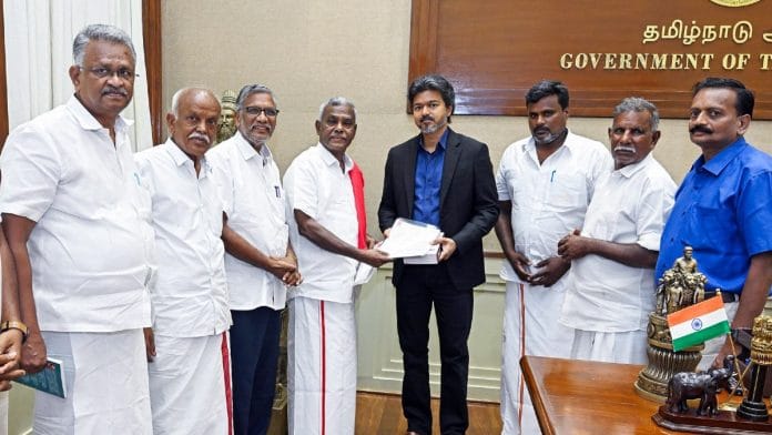 File photo of CPI(M) Tamil Nadu leaders including state secretary P. Shanmugam calling on Tamil Nadu CM Vijay in Chennai on 15 July, 2026 | X @CMOTamilnadu