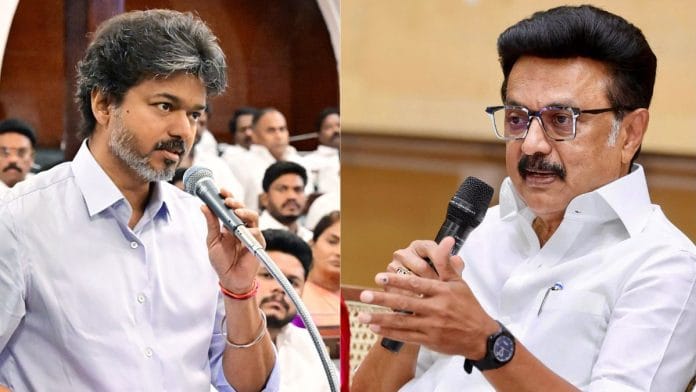 File photos of Tamil Nadu CM C Joseph Vijay (L) and DMK chief MK Stalin (R) | ANI