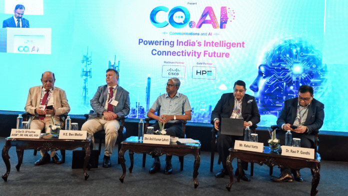(L-R) Cellular Operators Association of India (COAI) Director General Lt Gen (Retd.) Dr SP Kochhar, Deputy British High Commissioner to India Ben Mellor, Telecom Regulatory Authority of India (TRAI) chairman Anil Kumar Lahoti, COAI chairperson Rahul Vatts, and COAI Vice Chairman Ravi P. Gandhi at the CO.AI 2026, in New Delhi on Monday | ANI