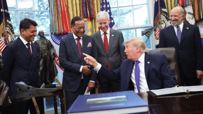 US President Donald Trump with Essar Group founder and vice chairman Ravi Ruia and his son, Mesabi Metallics chairman Rewant Ruia | X/@Essar