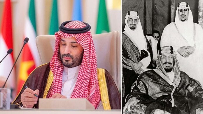 Saudi crown prince Mohammed bin Salman (left) and King Abdulaziz with Prince Faisal and Prince Saud in the Early 1950s | Wikimedia Commons