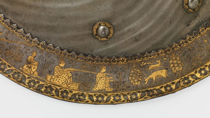 Hunting scene, koftgari shield detail; Probably Mughal, India; Late 17th century; Steel with gold overlay | Courtesy The Metropolitan Museum of Art, New York