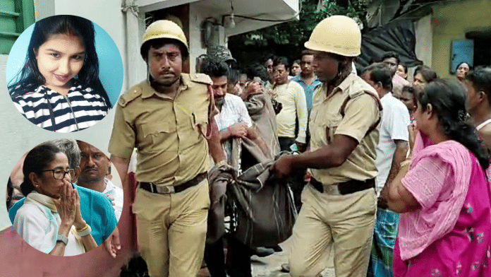 Mortal remains of Mamata Banerjee’s niece (in inset) being carried by police in Birbhum on Tuesday | ANI/Special arrangement