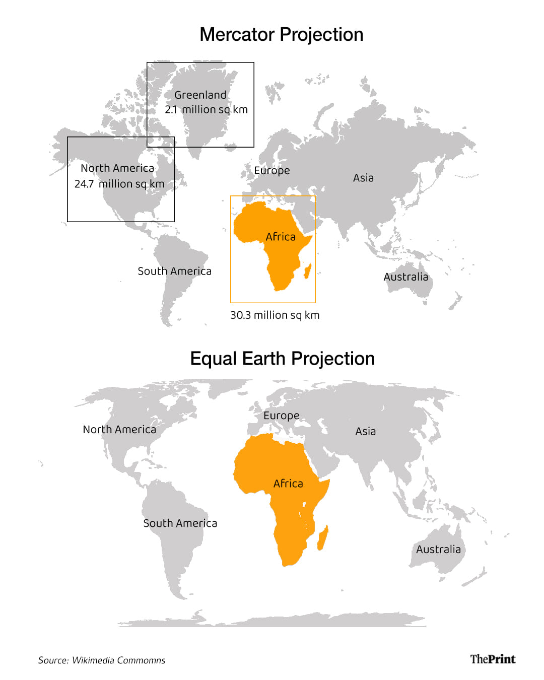 How the two world map will look side by side | Credit: ThePrint graphics, Wiki Commons