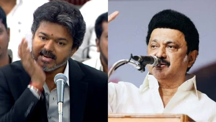 Tamil Nadu CM C. Joseph Vijay in assembly Monday; file photo of former CM M.K. Stalin | X, ANI