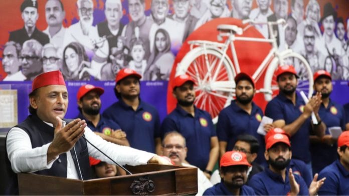 Samajwadi Party National President Akhilesh Yadav addresses a 