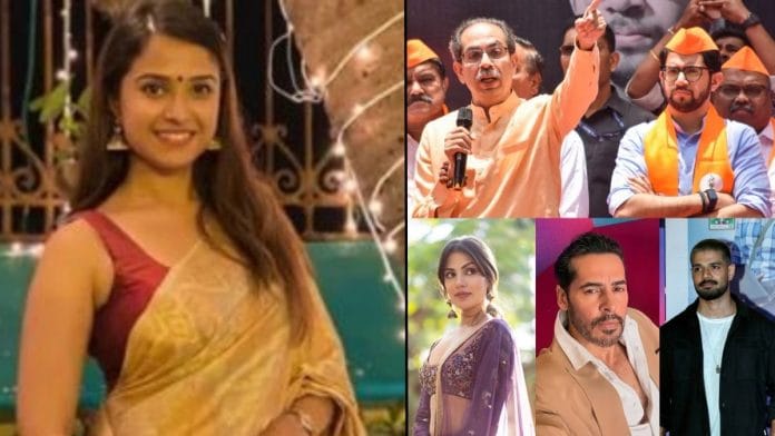 (Left) File photo of Disha Salian; (Right, clockwise from top) Shiva Sena (UBT) leaders Uddhav Thackeray and Aadiyta Thackeray, and Bollywood actors Sooraj Pancholi, Dino Morea and Rhea Chakraborty | Instagram, ANI