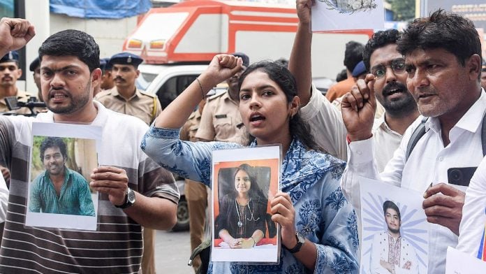 Demonstrators protest the death of the second year B.Tech student Sahil Wakode in Mumbai Monday | PTI