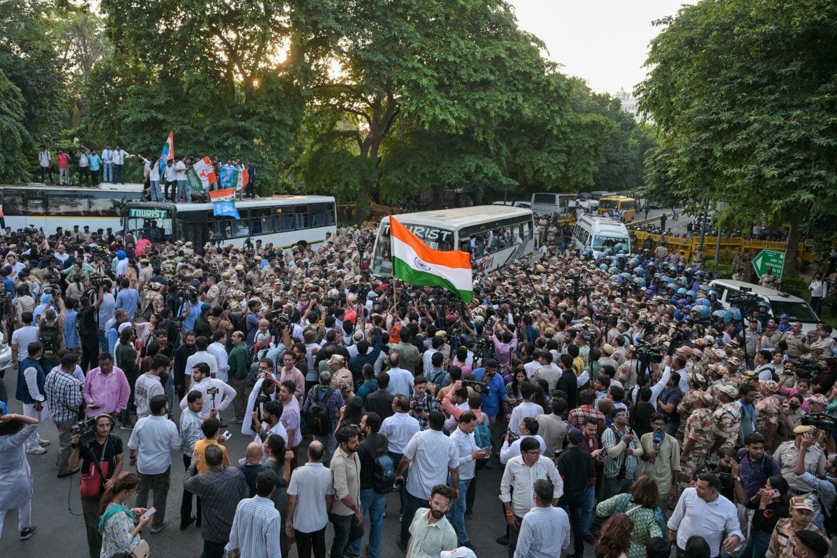 An ariel view of opposition MPs stage a sit-in protest against Chief Election Commissioner (CEC) Gyanesh Kumar at the roundabout near Shangri-La hotel | Suraj Singh Bisht | ThePrint