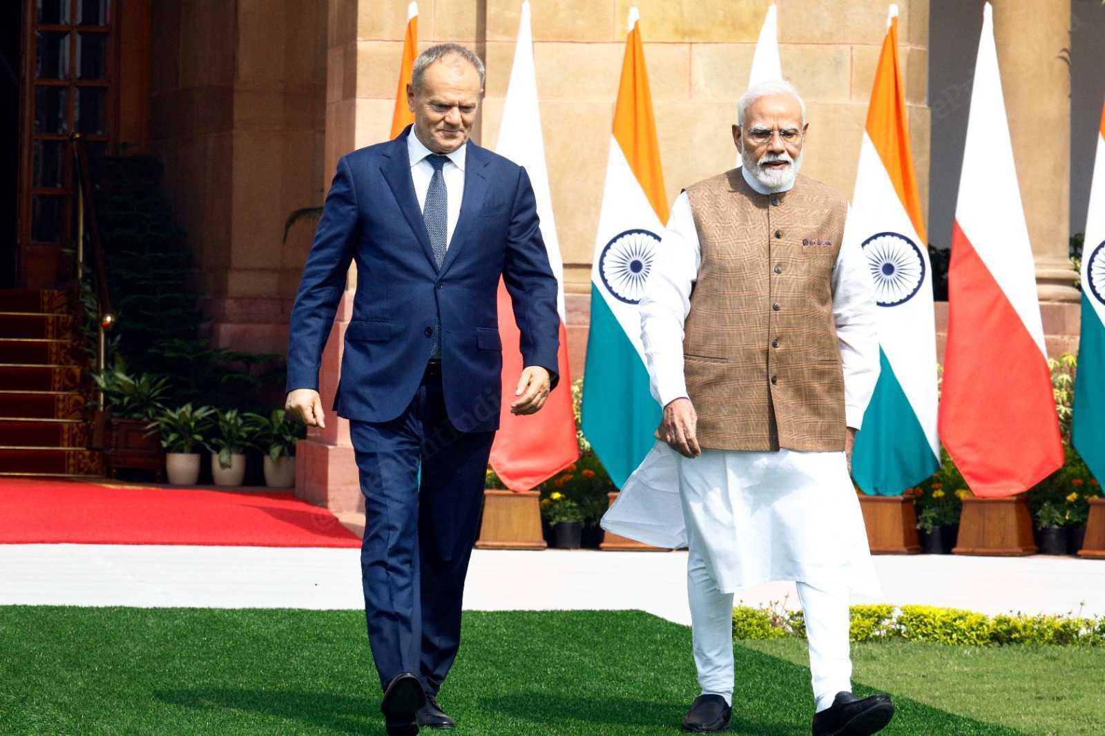 Polish Prime Minister Donald Tusk and Prime Minister Narendra Modi at Hyderabad House in New Delhi | Praveen Jain | ThePrint