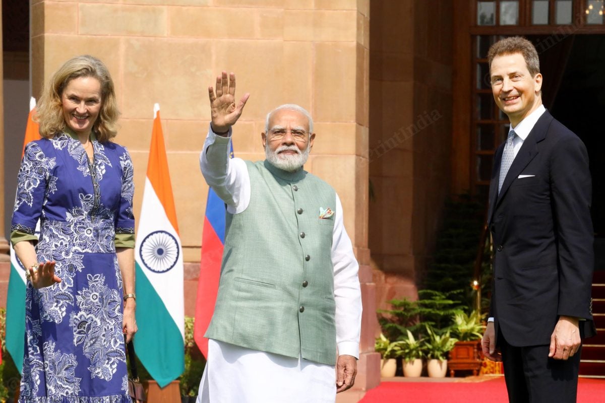 PM Modi and Princess Sophie wave to media persons at Hyderabad House in New Delhi | Praveen Jain/ThePrint