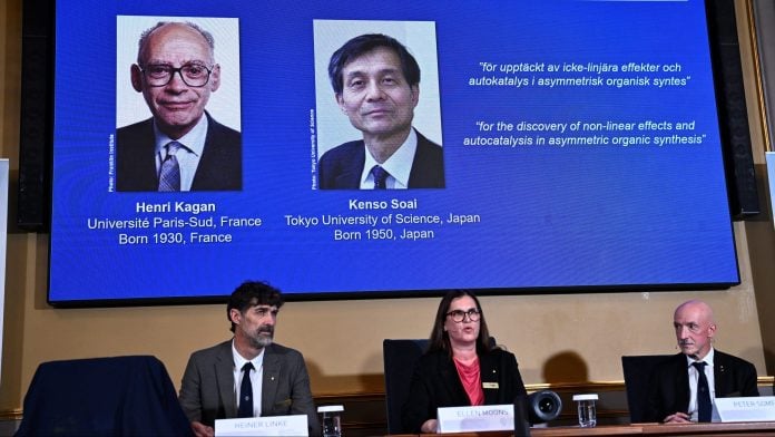 Henri Kagan and Kenso Soai are awarded the 2026 Nobel Prize in Chemistry during a press conference at the Royal Swedish Academy of Sciences in Stockholm, Sweden, October 7, 2026. TT News Agency/Fredrik Sandberg via REUTERS