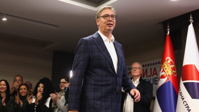 Serbia's former President and the ruling Serbian Progressive Party (SNS) prime ministerial candidate Aleksandar Vucic steps onstage to concede defeat during the parliamentary election in Belgrade, Serbia, October 25, 2026. REUTERS/Zorana Jevtic