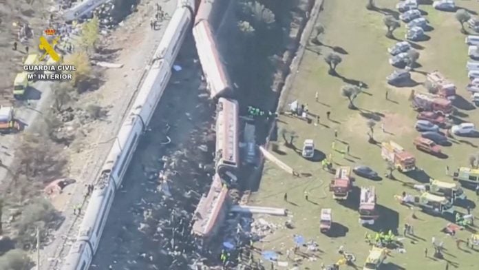 An aerial view of the crash site after two high-speed trains collided in Spain | REUTERS
