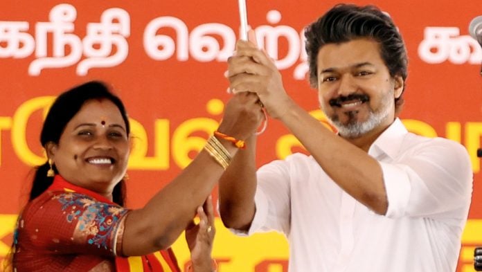 Tamil Nadu Chief Minister and Tamilaga Vettri Kazhagam (TVK) President C. Joseph Vijay, with TVK bypoll candidate K. Maragatham Kumaravel, during an election campaign in Madurantakam Assembly constituency, in Chengalpattu (ANI Photo)