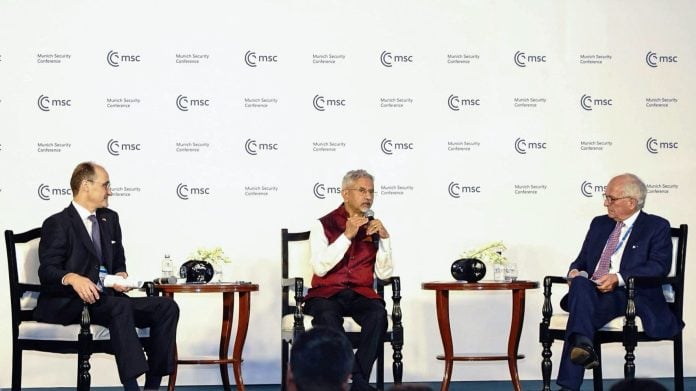 External Affairs Minister S. Jaishankar interacts with Munich Security Conference (MSC) President Wolfgang Ischinger and Federal Foreign Office, Germany, State Secretary Bernhard Kotsch during the Munich Leaders Meeting of the 62nd Munich Security Conference, in New Delhi on Sunday. | @DrSJaishankar X/ANI Photo
