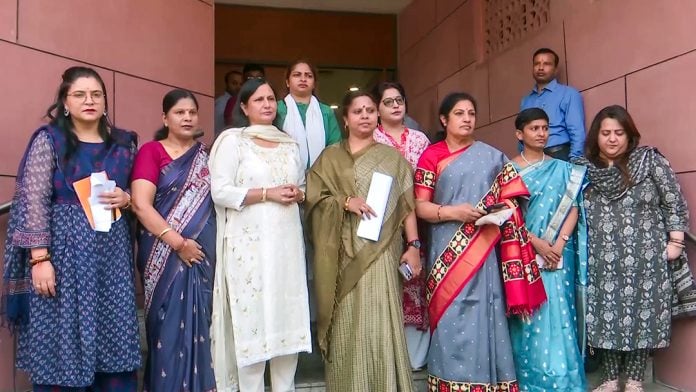 BJP Mahila Morcha delegation, led by its National President and MP Roop Kumari Choudhary, will meet NCW Chairperson Vijaya K. Rahatkar, before they submitted a memorandum demanding action against Congress MP Bimol Akoijam in an alleged sexual harassment case at JNU, in New Delhi on Wednesday. (ANI Video Grab)