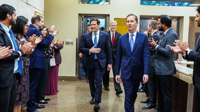 US Secretary of State Marco Rubio and U.S. Ambassador to India Sergio Gor during their visit to the US Consulate General, in Mumbai on Wednesday. | @SecRubio X/ANI Photo