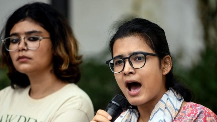 All India Students' Association (AISA) National President Neha Bora addresses a press conference at the CPI(ML) Liberation Parliamentary Office, in New Delhi on Thursday. Delhi University AISA Secretary Anjali also present. | Amit/ANI