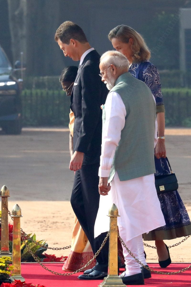 President Murmu and Prime Minister Modi warmly welcoming Prince Alois upon his arrival at Rashtrapati Bhavan | Praveen Jain/ThePrint