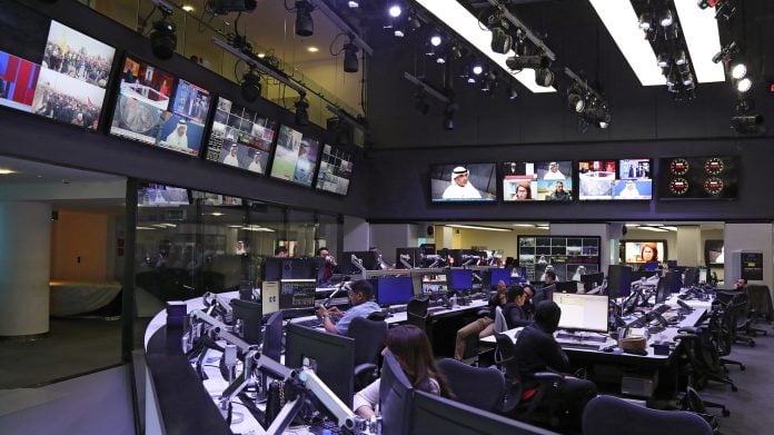 The newsroom at the headquarters of Al Jazeera in Qatar. Photographer: Karim Jaafar/AFP/Getty Images