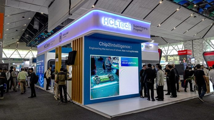 The HCL Technologies Ltd. booth at the Semicon India expo in New Delhi, India. Photo: Prakash Singh/Bloomberg