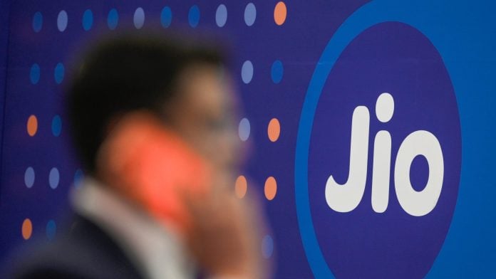 A Jio Platforms Ltd. logo at a news conference ahead of the company's listing ceremony at Reliance Corporate Park in Mumbai, India on Oct. 15. Photographer: Indranil Aditya/Bloomberg