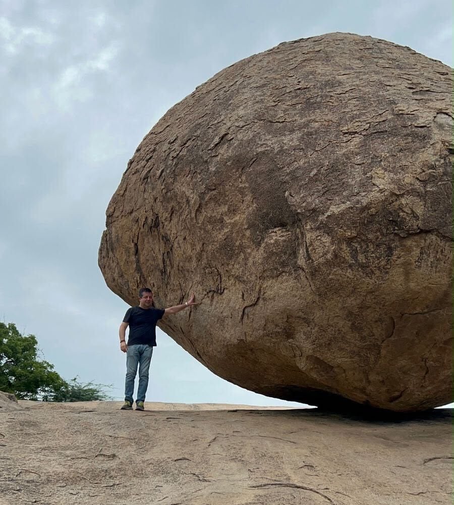 Georgia’s Ambassador to India Vakhtang Jaoshvili beside Krishna’s Butter Ball in Mahabalipuram, Tamil Nadu | Photo by special arrangement