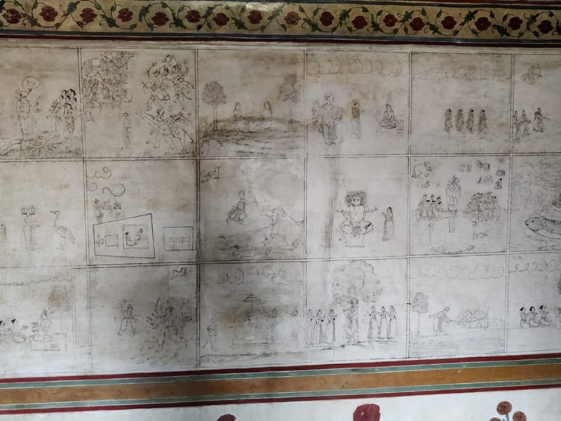 आमेर किले की भोजनशाला में अधूरे स्केच संरक्षण विशेषज्ञों को यह समझने का मौका देते हैं कि कलाकार अपनी धार्मिक और पौराणिक पेंटिंग की योजना कैसे बनाते थे | फोटो: कृष्ण मुरारी/दिप्रिंट