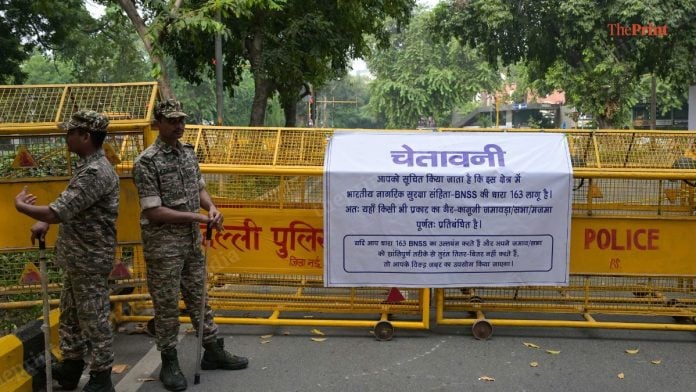 A banner declaring that Section 163 of BNSS is in effect pinned up on a barricade near Jantar Mantar on 10 October, 2026 | Suraj Singh Bisht/ThePrint