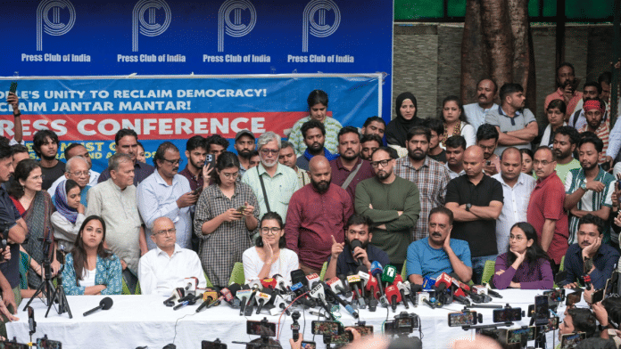 CJP founder Abhijeet Dipke, AISA president Neha Bora, actor-activist Prakash Raj, Rajya Sabha MP Kapil Sibal, SFI leader Aishe Ghosh, senior advocate Prashant Bhushan, Telangana Gig and Platform Workers Union president Sheikh Salauddin and others address a press conference at the Press Club of India in Delhi | Suraj Singh Bisht | ThePrint