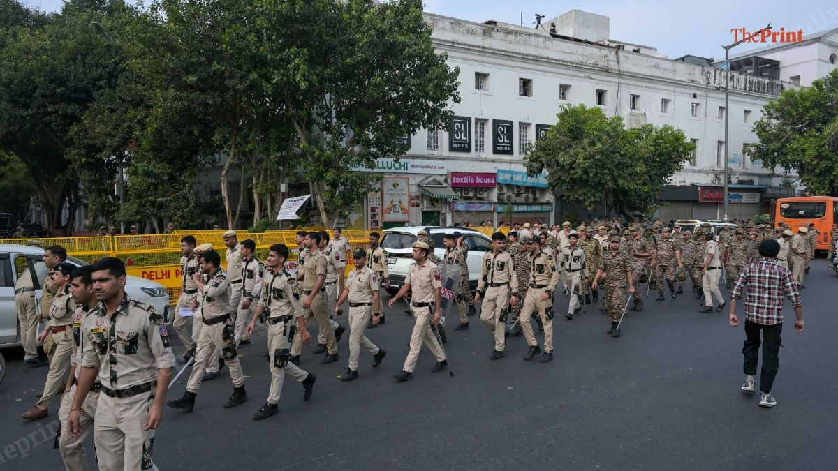 Delhi Police personnel carrying out a march near Jantar Mantar on 10 October, 2026 | Suraj Singh Bisht/ThePrint