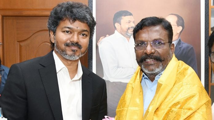 Tamil Nadu Chief Minister C. Joseph Vijay with VKC chief Thol. Thirumavalavan | ANI file